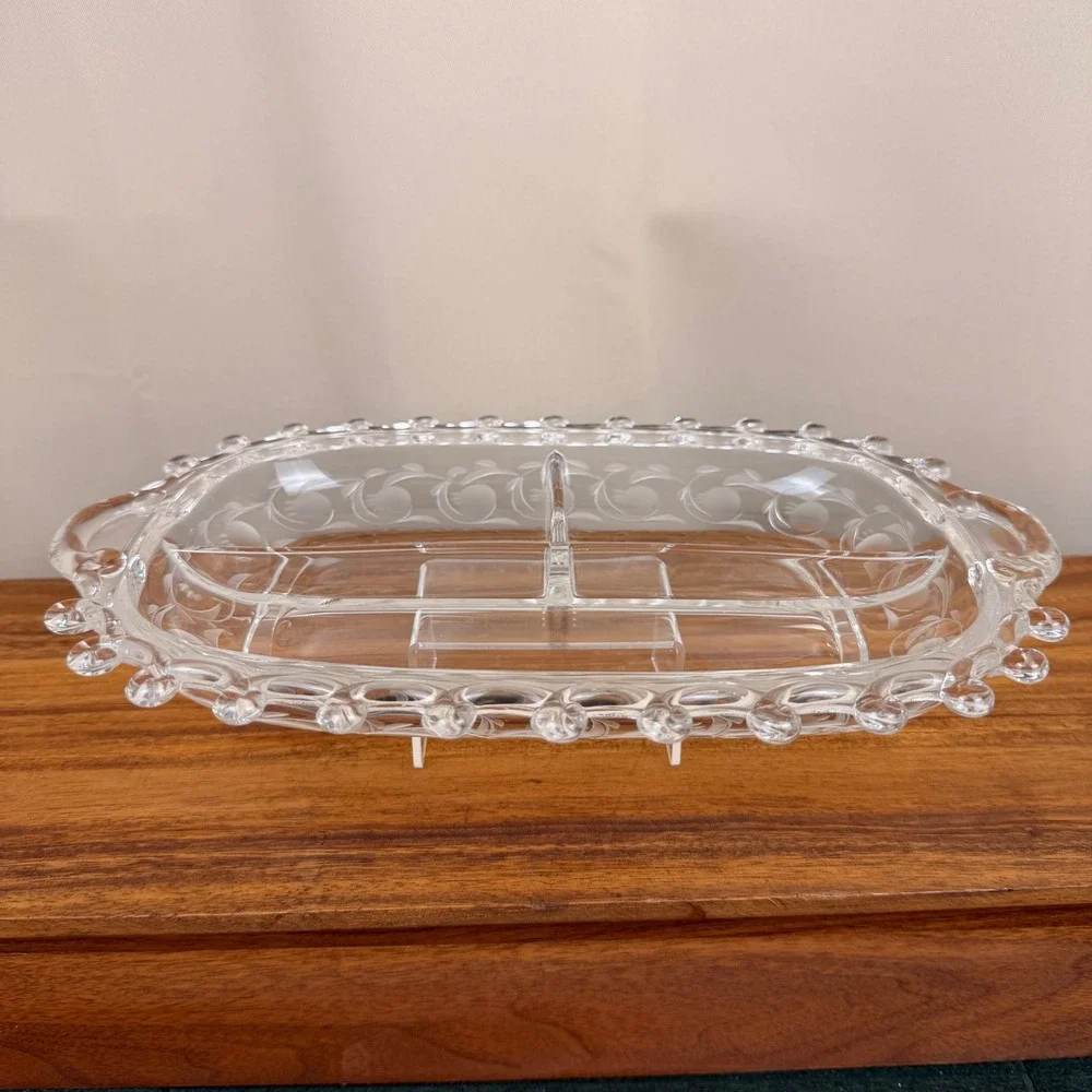 Vintage Heisey Glass Moonglo Lariat Divided Relish Dish Clear Etched 3 Part Tray